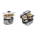 Hamilton Beach Digital Electric Food Steamer & Rice Cooker for Quick, Healthy Cooking for Vegetables and Seafood & Dual Breakfast Sandwich Maker with Timer, Silver (25490A)