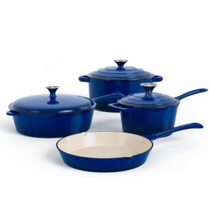 DishDelight 7 Pcs Enameled Cast Iron Pots and Pans Set, Induction Enamel Coated Cookware, Blue Dutch Oven Set with Lids, Oven Safe up to 500° F or on All Stovetop, PFOA&PFAS Free