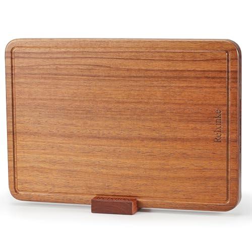 Relxinke Solid Teak Wood Cutting Board One Piece Non Glued Large Thick Crack Resistant Wooden Chopping Board with DeepJuice Grooves Built in Handles for Kitchen Meat Vegetable 16.9x11.8 IN