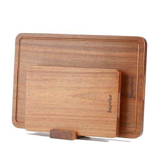 Sapviao Teak Wood Cutting Board Set Solid Unibody Design One Piece Durable Knife Friendly Wooden Chopping Board with DeepJuice Grooves Built in Handles for Kitchen Meat 16.9 X 11.8 &11.8 X 7.9 IN