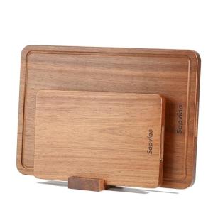Sapviao Teak Wood Cutting Board Set Solid Unibody Design One Piece Durable Knife Friendly Wooden Chopping Board with DeepJuice Grooves Built in Handles for Kitchen Meat 16.9 X 11.8 &11.8 X 7.9 IN