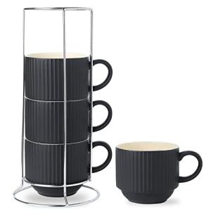 Set of 4 Stackable Black Ceramic Coffee Mugs