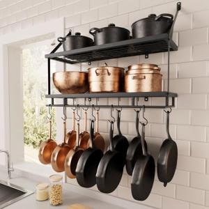 KES 30-Inch Matte Black Pot Rack with Hooks