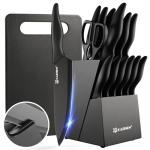 KATISUN 16 Pieces Kitchen Knife Block Set with Cutting Board, German Stainless Steel Knife Set with Sharpener, Dishwasher Safe, Anti-Slip Handle, 6 Steak Knives, Black