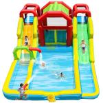 WELLFUNTIME Inflatable Water Double Slides Park with Blower, Shade Tent Bounce House with 2 Climbing Walls, 3 Water Pools, 226x168x98 Inch