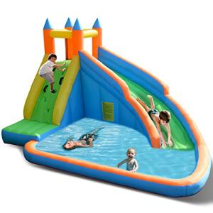 Costzon Inflatable Water Slide, Giant Bouncy Water Park Jump Castle Waterslide for Kids Backyard Outdoor Fun with Climbing Wall, Splash Pool, Blow up Water Slides Inflatables for Kids Party Gifts