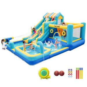 FINCOME Inflatable Bounce House, 10 in 1 Double Water Slide Bounce House with 750W Blower, Climbing Wall, Jumping, Water Gun, Splash Pool, Basketball Hoop for Kids Indoor Outdoor Backyard