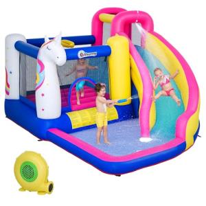 Outsunny Inflatable Water Slide Bounce House with Trampoline, Climbing Wall, Water Cannon, Basketball Hoop, Splash Pool, 450W Blower, Unicorn Themed Bouncy House for Kids 3-8 Years Old