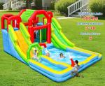 WELLFUNTIME Inflatable Water Double Slides Park with Blower, Shade Tent Bounce House with 2 Climbing Walls, 3 Water Pools, 226x168x98 Inch