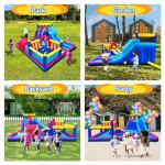 Inflatable Water Slide Park for Party Fun,15x15FT,Big Splash Pool,Long&Short Slides,Fun Crawl Tunnel,Basketball Hoop,GFCI Blower,Bounce Castle for Kids
