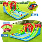 WELLFUNTIME Inflatable Water Double Slides Park with Blower, Shade Tent Bounce House with 2 Climbing Walls, 3 Water Pools, 226x168x98 Inch