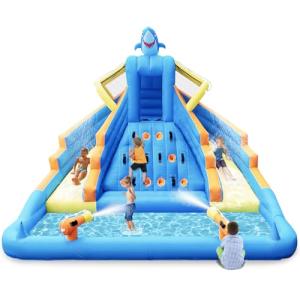Inflatable Water Slide, 13FT Shark-Themed Large Bounce House with Dual Slides, Climbing Wall, Deep Pool, Water Cannon, 680W Blower, Storage Bag, Backyard Blow Up Water Park for Kids Aged 3–10