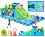 FBSPORT Inflatable Bounce House Water Slide Park, Double Slide Bouncer Castle with 550W Air Blower, Climbing Wall, Jumping Area, Toss Rings, Basketball, Splash, Bouncy House for Backyard Outdoor