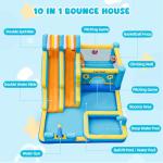 FINCOME Inflatable Bounce House, 10 in 1 Double Water Slide Bounce House with 750W Blower, Climbing Wall, Jumping, Water Gun, Splash Pool, Basketball Hoop for Kids Indoor Outdoor Backyard