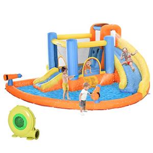 Outsunny Inflatable Water Slide, Kids Bounce House Water Park with Pool, Climbing Wall, Water Cannon, Dual Slides, Trampoline, 5-in-1 Bouncy Castle with Air Blower for Outdoor Indoor Backyard Fun