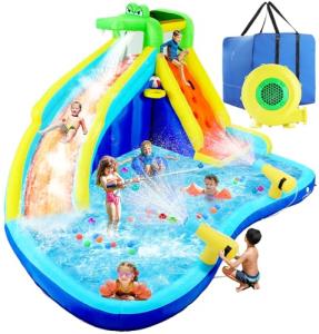 ROOJER Inflatable Water Slide Park for Kids Backyard 8-in-1 Blow Up Crocodile Spray Slide with 450W Blower, Splash Pool, Climbing Wall, Water Cannon, Basketball Hoop for Summer Outdoor Play Party Gift
