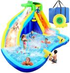 ROOJER Inflatable Water Slide Park for Kids Backyard 8-in-1 Blow Up Crocodile Spray Slide with 450W Blower, Splash Pool, Climbing Wall, Water Cannon, Basketball Hoop for Summer Outdoor Play Party Gift