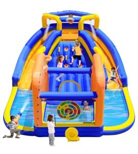 WELLFUNTIME Inflatable Double Jumping Castle with Blower, 171 x 160 x 90 inches Bounce House with Climbing Wall, Archery Dartboard Game and Basketball Hoop, Jumping Area