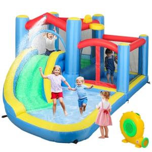 Qaba Inflatable Water Slide, Water Bounce House for Kids Outdoor Fun with Large Trampoline, Splash Pool, 550W Blower, Basketball Hoop, Dart Board, Jumping Castle Kids Backyard Party Gifts