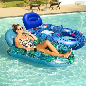 FindUWill Pool Floats Chairs Adult - 2 Pack 65'' x 42'' Large Pool Float Chairs, Inflatable Pool Lounger with Cup Phone Holder, Backrest, Footrest, Tanning Pool Lounge (Blue&Green)