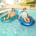 FindUWill Pool Floats Chairs Adult - 2 Pack 65'' x 42'' Large Pool Float Chairs, Inflatable Pool Lounger with Cup Phone Holder, Backrest, Footrest, Tanning Pool Lounge (Blue&Green)