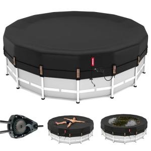 QH.HOME 18 ft Round Pool Cover,Solar Cover for Above Ground Pools - Black Oxford Fabric Heats Water, Blocks Leaves & Sun, Windproof Snug Fit with Patented Ratchet & Weight Rings