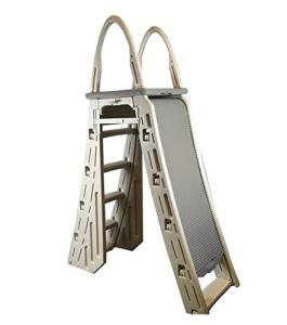 Confer Plastics 7200 Roll Guard 48" to 56" Adjustable A Frame Safety Above Ground Outdoor Patio Swimming Pool Platform Ladder with Step Barrier, Gray Deck & Tambour