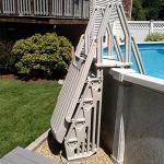Vinyl Works 24 Inch Double Pool Step Ladder with Gate, Adjustable Stair Entry System with Handrails for Above Ground Swimming Pools, Taupe
