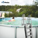 Vinyl Works SLA A-Frame 48 to 56 Inch Adjustable Above Ground Swimming Pool Ladder Entry System with Slide Lock Barrier and Handrails, White