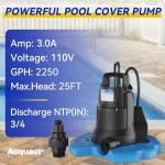 Acquaer 1/4 HP Automatic Swimming Pool Cover Pump, 2250 GPH Submersible Sump Pump with 3/4” Check Valve Adapter & 25ft Power Cord, Water Removal for Pool, Hot Tubs, Rooftops, Water Beds and more