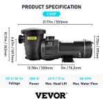VEVOR Swimming Pool Pump, 1.5 HP 115 V, 1100 W Single Speed Pumps for Above Ground Pool w/Strainer Basket, 5280 GPH Max. Flow, Certification of ETL for Security