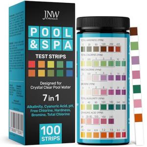 JNW 7-in-1 Pool Test Strips, 100 Quick & Accurate Test Strips for Pool Water, Spa Test Strips for Hot Tub, Chlorine Test Strips, Bromine, pH, Alkalinity, Hardness & More - Swimming Pool Test Kit
