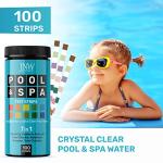 JNW 7-in-1 Pool Test Strips, 100 Quick & Accurate Test Strips for Pool Water, Spa Test Strips for Hot Tub, Chlorine Test Strips, Bromine, pH, Alkalinity, Hardness & More - Swimming Pool Test Kit