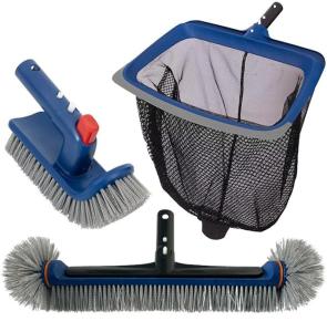 Deluxe Swimming Pool Cleaning Kit Including Pool Skimmer Net with Rubber Edge, 17.5" Pool Brush Head & Rotatable Pool Scrub Brush, Heavy Duty Pool Cleaning Kit Inground & Above Ground Pool (No Pole)
