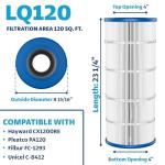 LACQUA Pool Filter Cartridge LQ120 120 SqF for Hayward C1200, CX1200RE, Pleatco PA120, PA120-EC, Unicel C-8412, Filbur FC-1293, Clearwater II 125, Waterway PCCF-125. Hose Nozzle Included