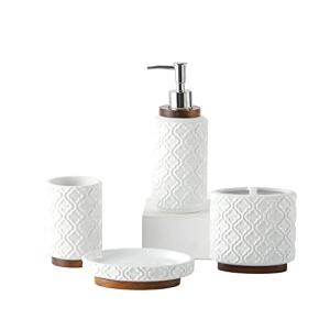 RQYIXI Elegant Bathroom Accessories Set 4 PCS Ceramic and Wood Bathroom Accessory Set Soap Dispenser Toothbrush Holder Tumbler Soap Dish Easy to Clean Quatrefoil Pattern White