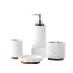 RQYIXI Elegant Bathroom Accessories Set 4 PCS Ceramic and Wood Bathroom Accessory Set Soap Dispenser Toothbrush Holder Tumbler Soap Dish Easy to Clean Quatrefoil Pattern White