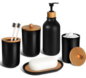 Black Bathroom Accessories Set 5 Pcs, Matte Black Bathroom Accessories, Plastic Soap Dispenser and Toothbrush Holder Set, Soap Dish, Cotton Swab Jar, Black Bathroom Set, Boho Bathroom Decor