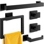 Kitsure 5-Pieces Bathroom Hardware Set & Accessories, Rustproof Towel Racks for Bathroom Wall Mounted, 16" Towel Bar, Toilet Paper Holder, Ring & 2 Hooks, Matte Black