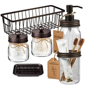 SheeChung 6Pcs Mason Jars Bathroom Accessories Set Complete - Toothbrush Holder, Lotion Soap Dispenser, 2 Mason Jars, Soap Dish, Toilet Paper Basket, Rustic Farmhouse Decor (Brown, 6Pcs Bathroom Set)