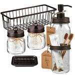 SheeChung 6Pcs Mason Jars Bathroom Accessories Set Complete - Toothbrush Holder, Lotion Soap Dispenser, 2 Mason Jars, Soap Dish, Toilet Paper Basket, Rustic Farmhouse Decor (Brown, 6Pcs Bathroom Set)