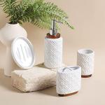 RQYIXI Elegant Bathroom Accessories Set 4 PCS Ceramic and Wood Bathroom Accessory Set Soap Dispenser Toothbrush Holder Tumbler Soap Dish Easy to Clean Quatrefoil Pattern White