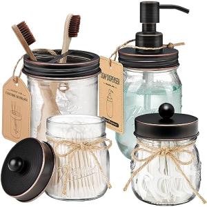 Amolliar Mason Jar Bathroom Accessories Set 4 Pcs -Lotion Soap Dispenser & 2 Qtip Holders & Toothbrush Holder - Rustic Farmhouse Decor, Bathroom Home Decor, Perfect Decorating Idea (Oil Rubbed Bronze)