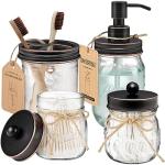 Amolliar Mason Jar Bathroom Accessories Set 4 Pcs -Lotion Soap Dispenser & 2 Qtip Holders & Toothbrush Holder - Rustic Farmhouse Decor, Bathroom Home Decor, Perfect Decorating Idea (Oil Rubbed Bronze)