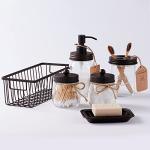 SheeChung 6Pcs Mason Jars Bathroom Accessories Set Complete - Toothbrush Holder, Lotion Soap Dispenser, 2 Mason Jars, Soap Dish, Toilet Paper Basket, Rustic Farmhouse Decor (Brown, 6Pcs Bathroom Set)