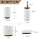 RQYIXI Elegant Bathroom Accessories Set 4 PCS Ceramic and Wood Bathroom Accessory Set Soap Dispenser Toothbrush Holder Tumbler Soap Dish Easy to Clean Quatrefoil Pattern White