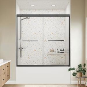 Bathtub Shower Door - 58-60" W×59" H Adjustable Aluminum Frame - 1/4 Tempered Glass with Clear Anti-Explosion Film - 4 Aluminum Rollers - Sliding Glass Door for Tub
