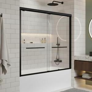 Sliding Bathtub Shower Door, 56-60" W x 57" H Glass Shower Door, Matte Black Aluminum Frame with Stainless Steel Towel Bar