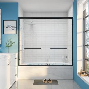Tub Glass Shower Door, 56"-60" W x 57" H Sliding Shower Door, Aluminum Semi-Frameless & 1/4"(6mm) Clear Tempered with Explosion-Proof Film Nano Coating Shower Door Fit for Bathtub, Matte Black