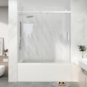 KPUY Frameless Sliding Bathtub Door, 55-60" W x 60" H Tub Shower Door, 1/4" (6mm) Thick Tempered Clear Glass with Explosion-Proof Film Nano Coating, Brushed Nickel